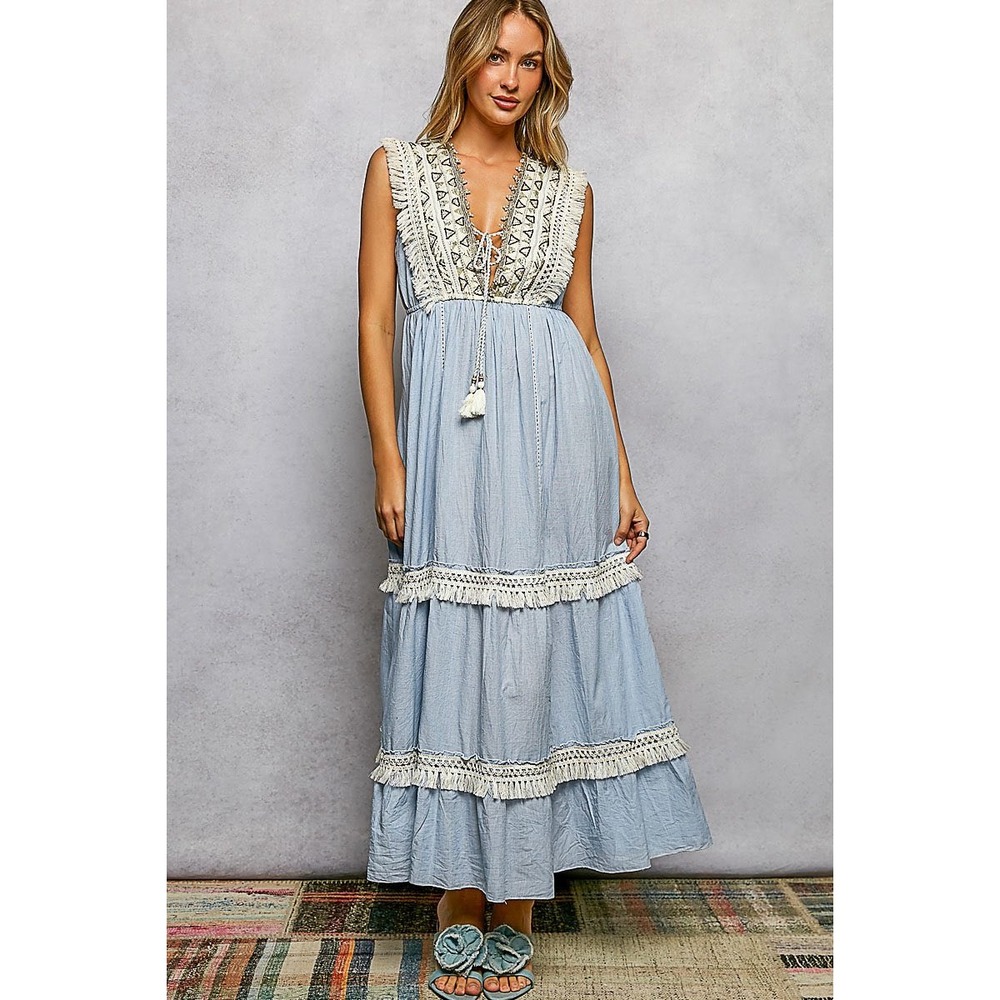POL Deep V Maxi Dress Tassel Tie Ruffle Hem Dress